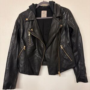 Free People We The Free Women’s Harriett Vegan Leather Black Moto Hood Jacket -S